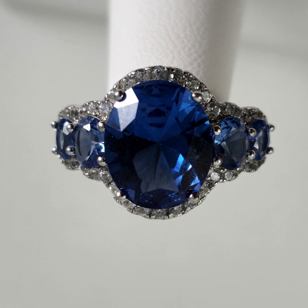 Sterling Silver 925 Blue Sapphire and Silver Halo Ring